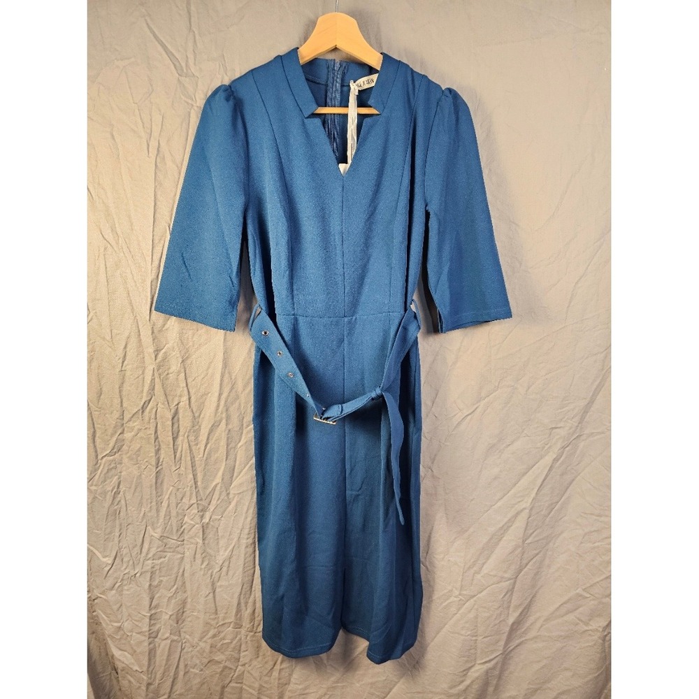 Grace Karin Womens Teal Blue Belted Dress Split V-Neck Puff Sleeve Size M NWT